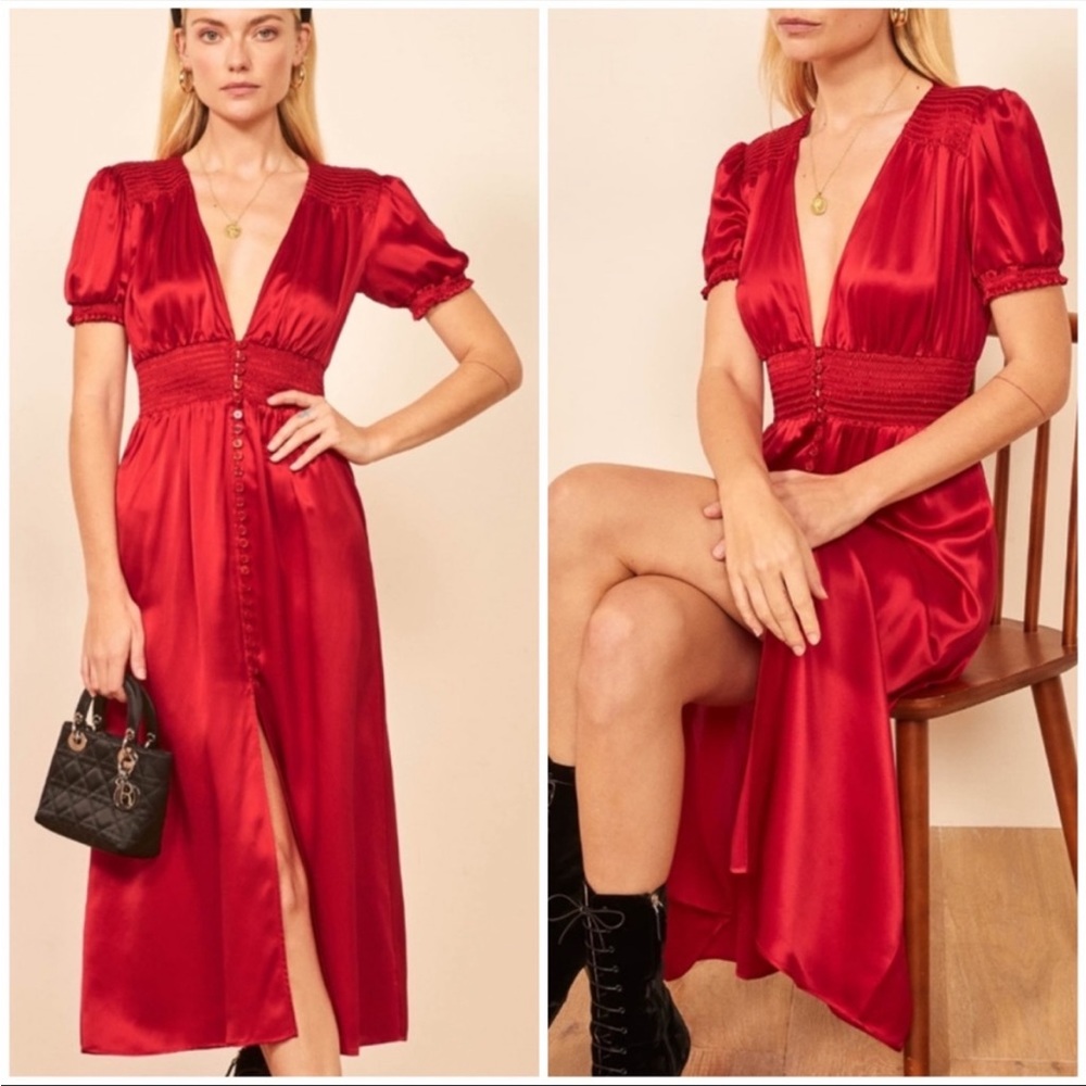 Reformation Alexea Red Silk Midi Dress Size 2
